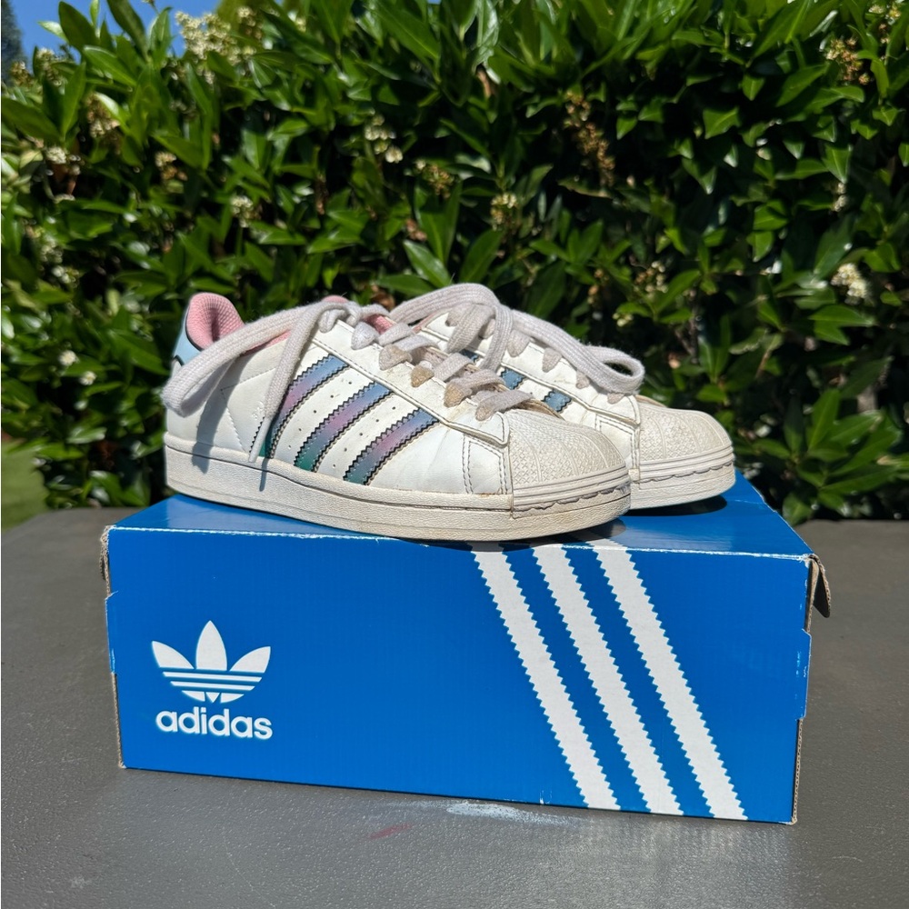 Adidas Kids' White Sneakers with Pastel Stripes